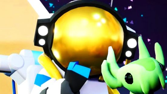 An Astroneer expansion is coming in 2024 - A person in a space suit with a small, green alien creature next to them.