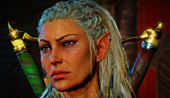 Baldur's Gate 3 longest games: A woman with long, braided white hair looks suspicious, her right eyebrow arched as she stares off to the side