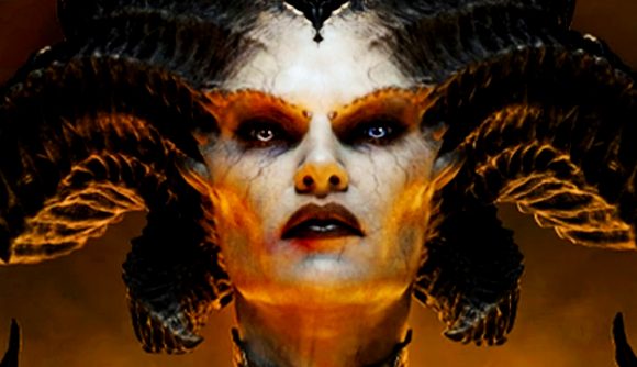 Blizzard holiday sale - Lilith, a pale faced demon lady with large, black horns from Diablo 4.