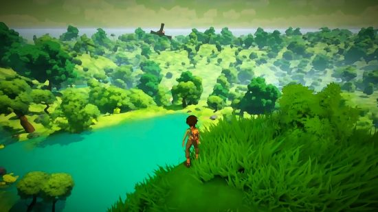 Cozy Crest: A large open space with a lake and lush forests