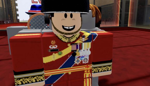 A screenshot of a Roblox character dressed like a British royal guard using Tower Defense X codes.
