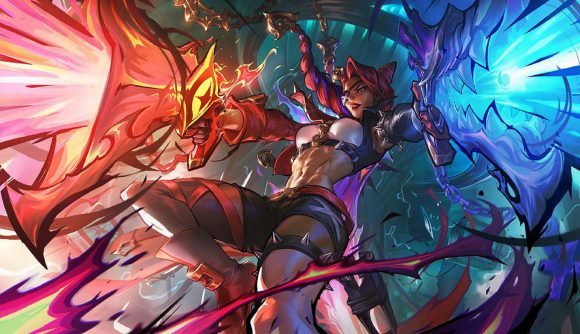 League of Legends Arena mode tier list: a female wearing an eye patch dives backwars and fires both of her handguns in an explosion of color.