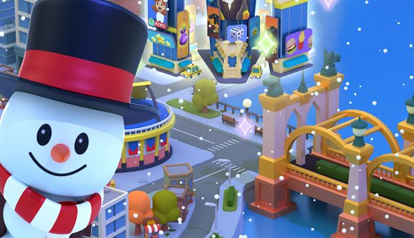 A Monopoly Go image depicting a smiling snowman overlooking a city.