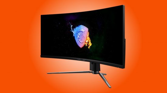 An MSI MPG Artymis 343CQR ultrawide gaming monitor against an orange-white background