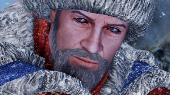 The Elder Scrolls V: Skyrim mod The Gift of Saturalia - A bearded man in a Santa outfit of red and white.