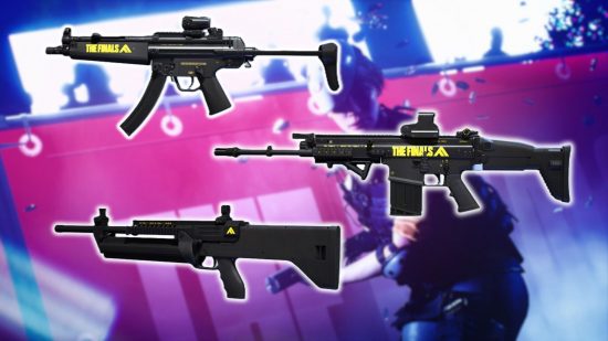 Best The Finals weapons: a groupd of powerful wearpons grouned together on top of a slightly blurred purple background.