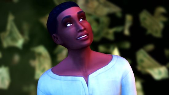 The Sims 4 sale: A woman with very short black hair smiles up to the side, wearing a light blue blouse, as money flies behind her