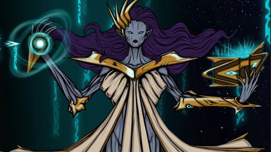 Baldur's Gate 3 meets V Rising in new turn-based Steam strategy game: An undead creature with gray skin and flowing purple hair wearing a spiked crown holds her hands out forming a blue orb in one levitating a book in the other